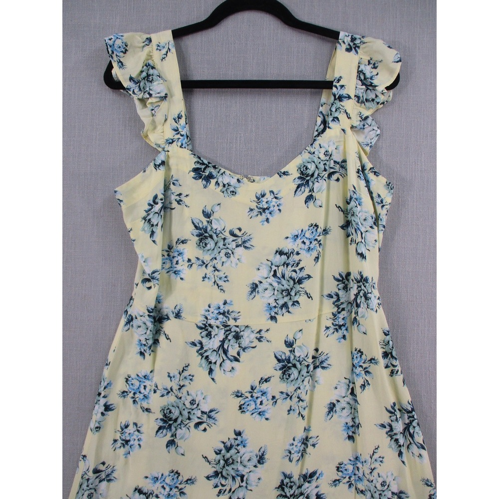 LOFT Yellow Blue Floral Ruffle Strap Midi Dress Size 10 Sweetheart Neck Slit - Picture 3 of 10